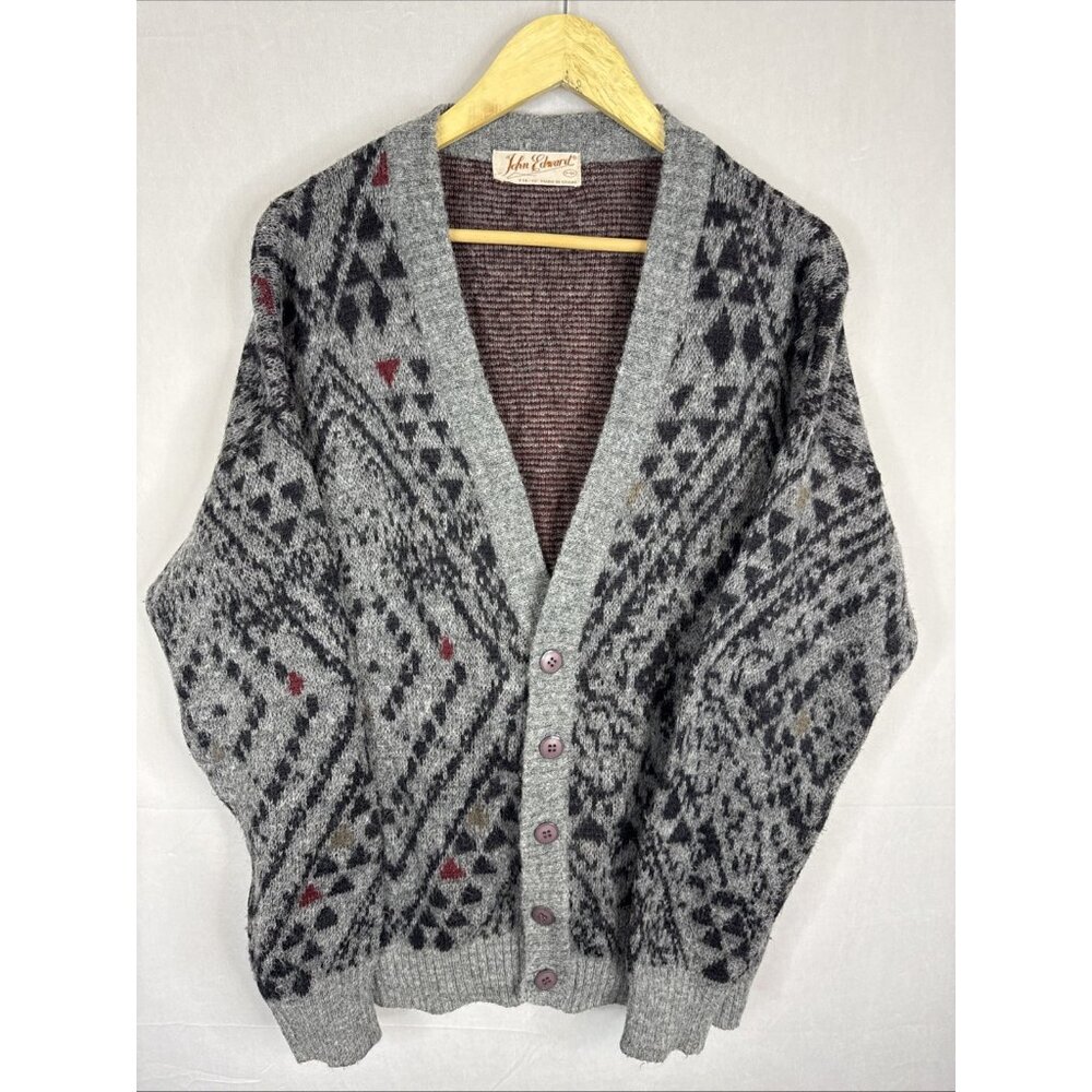 Vintage John Edward Made in Spain Wool Cardigan Geometric Pattern Men’s XL